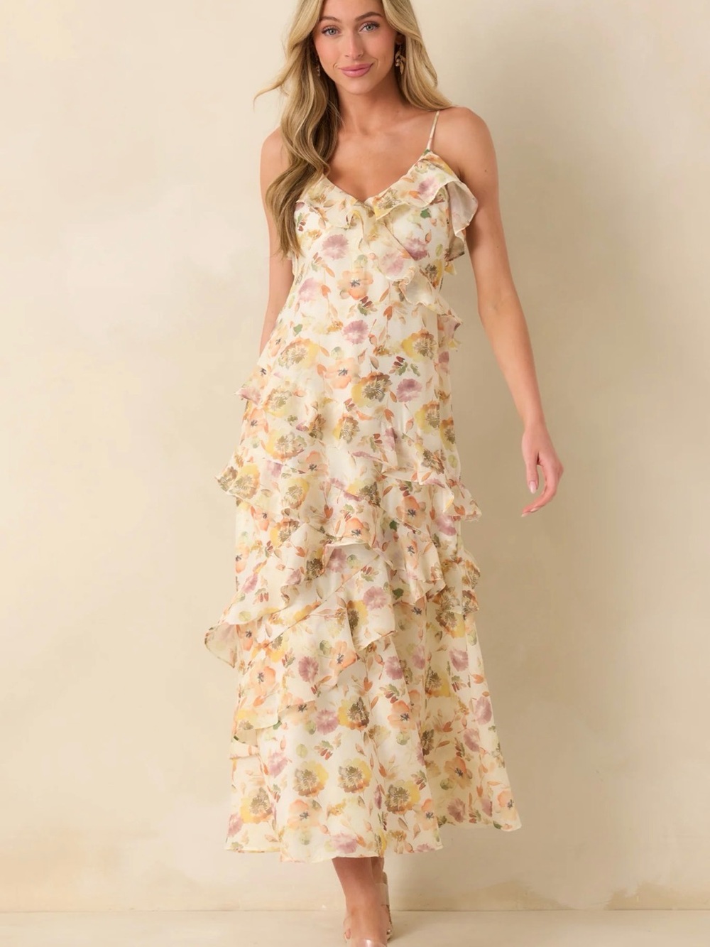 Floral Ruffle Maxi Dress - Cream Floral